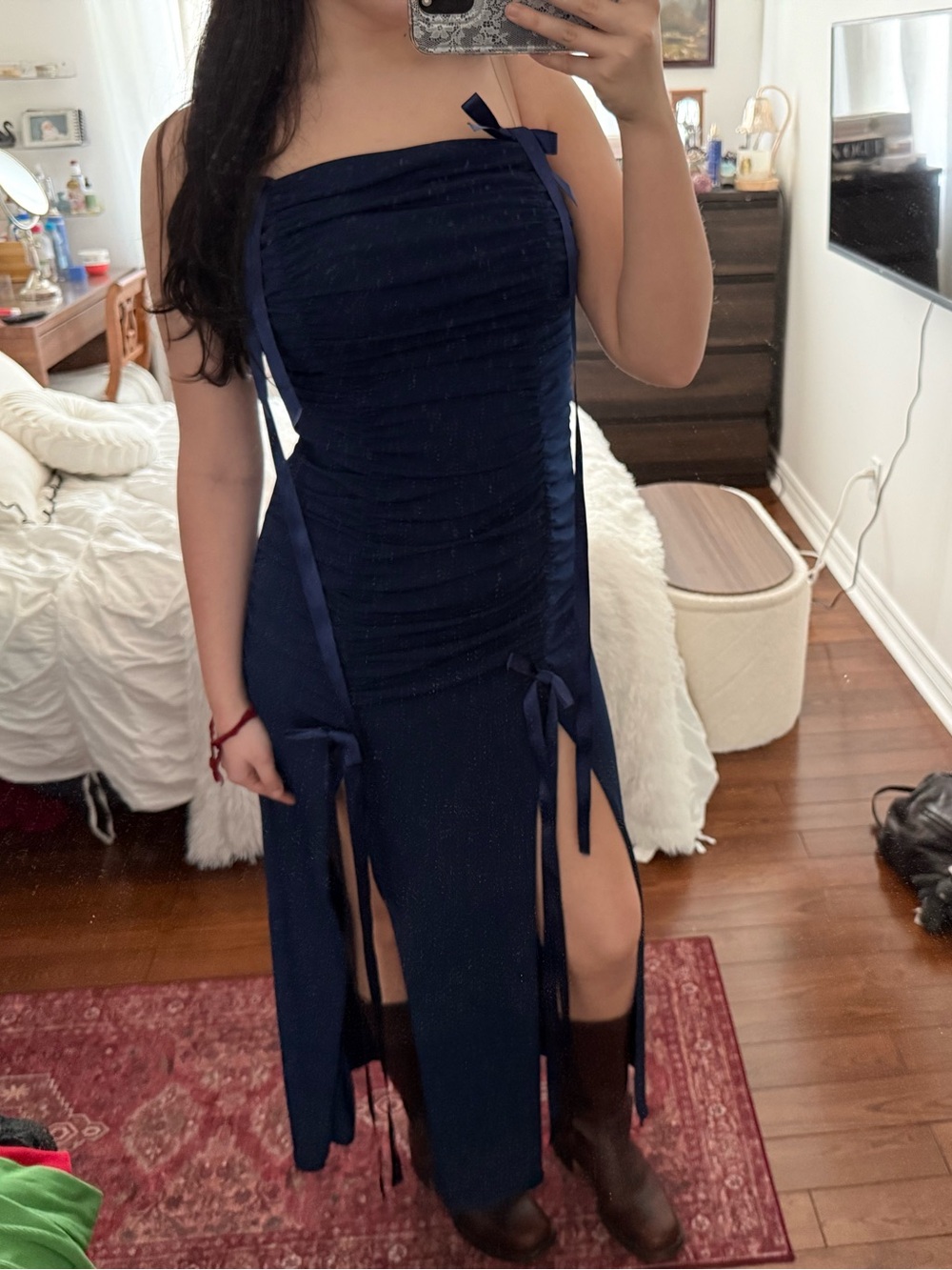 Navy Midi Dress with Bows and Front Slits